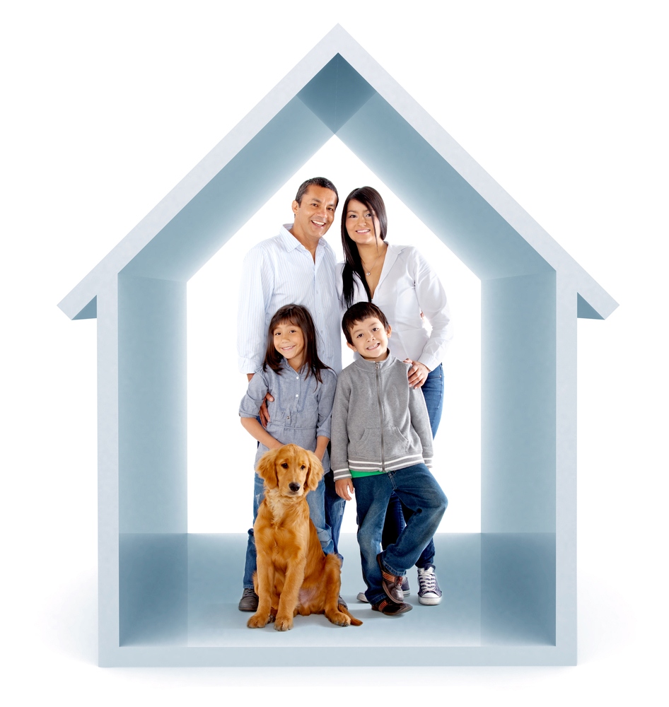 Family in a 3D house illustration - isolated over a white background